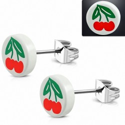 10mm | clous en acier inoxydable avec 4 paires de boucles d'oreilles en cerisier rondes en acrylique blanc (paire)