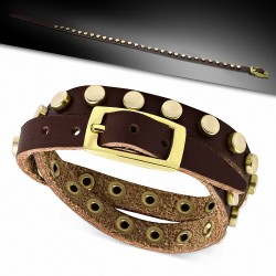 Bracelet en cuir véritable marron doré avec boucle ronde et boucle de ceinture